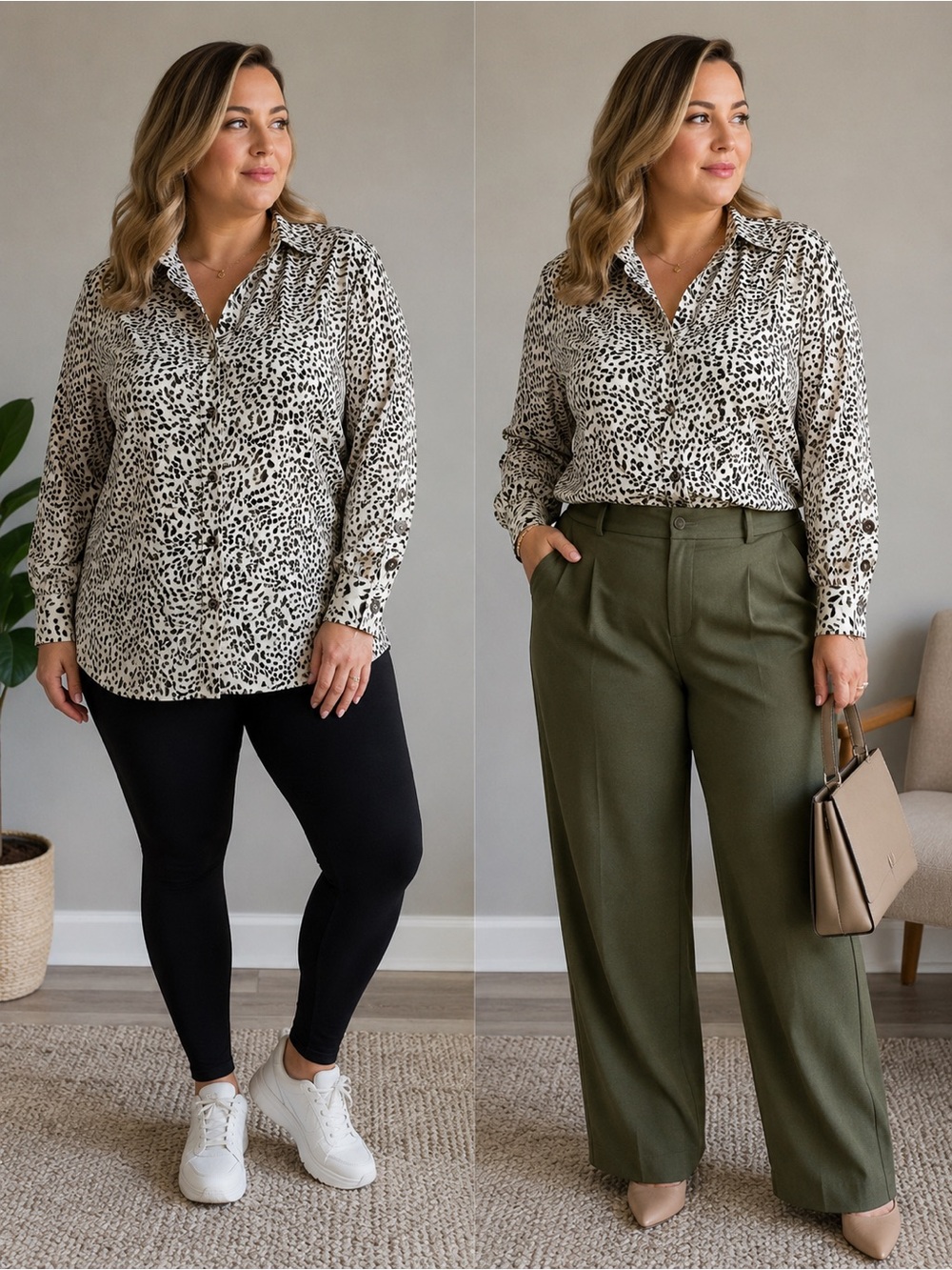 entro Beige and Black Leopard Print Button-Up Blouse